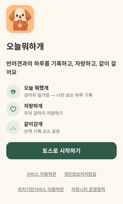 오늘뭐하개 시작 화면. 앱 아이콘과 '반려견과의 하루를 기록하고, 자랑하고, 같이 걸어요' 문구, 오늘 뭐했개·자랑하개·같이걷개 소개가 있고, 아래에 '토스로 시작하기' 버튼과 약관 링크 네 개가 보여요.